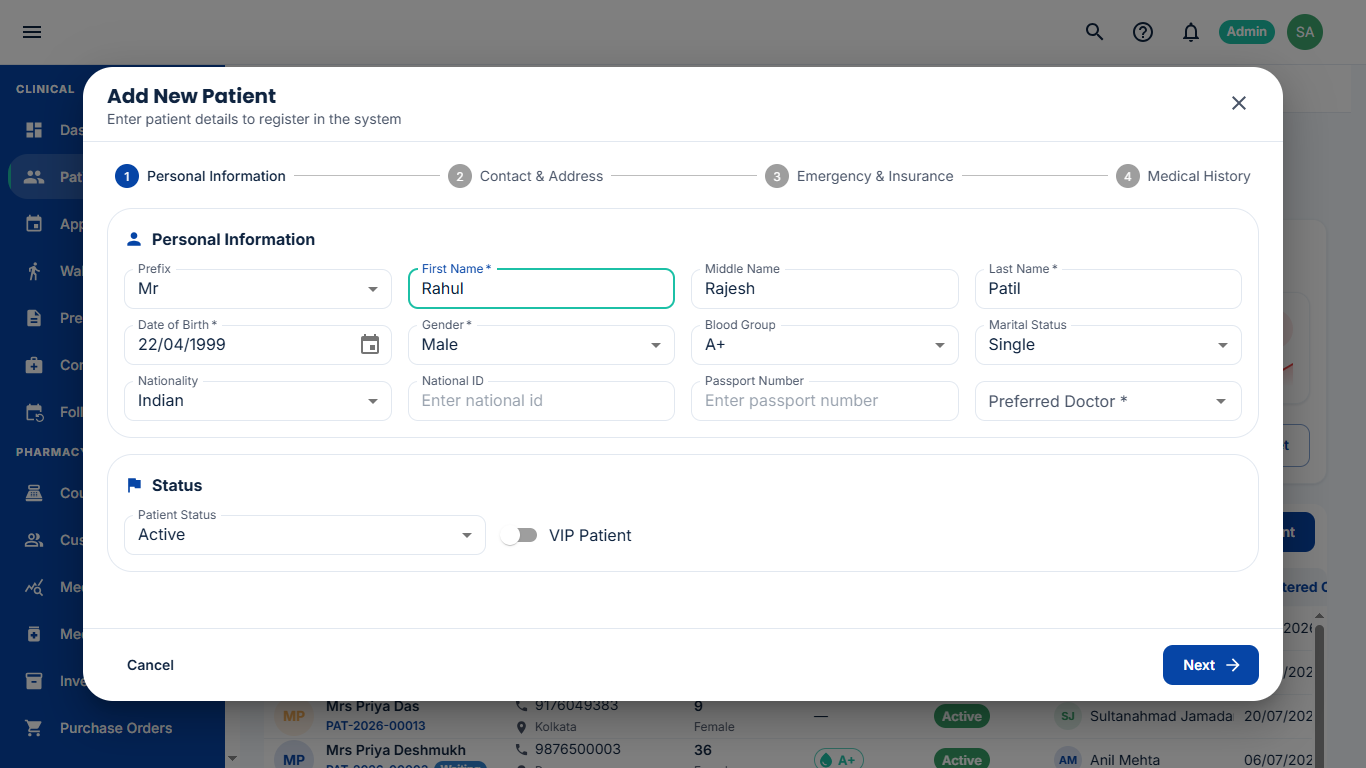 Add new patient wizard with personal information step