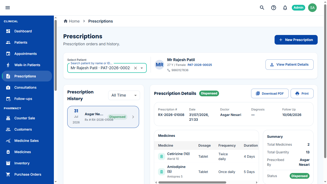 Prescription details with medicines, dosage and PDF download