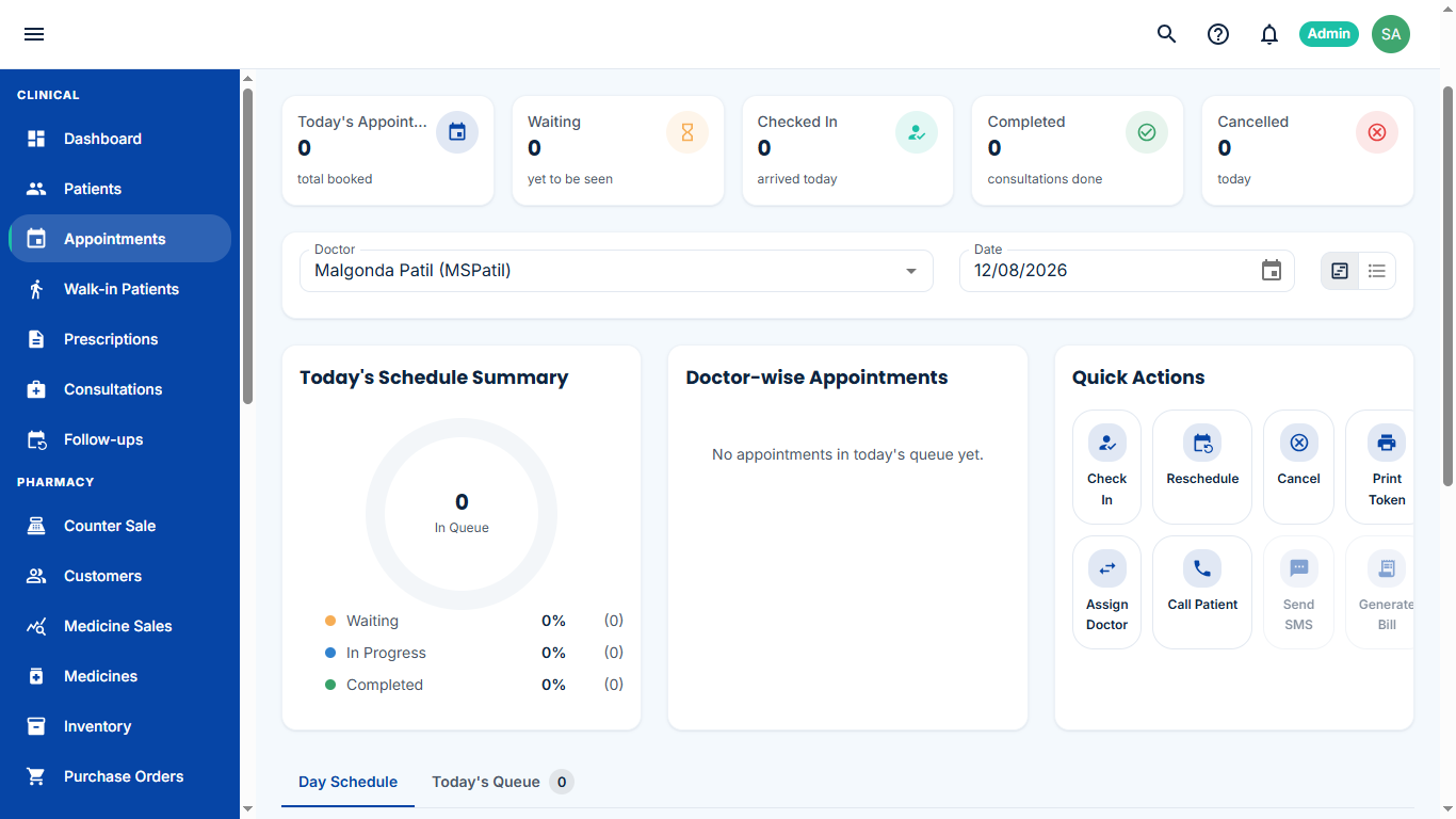Appointment scheduling screen with day schedule summary and quick actions