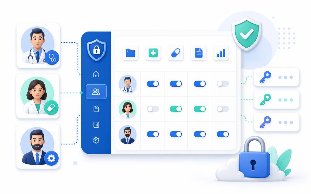 Role-based permissions dashboard for doctor, pharmacist, admin and receptionist